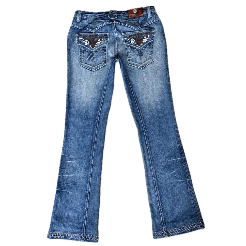 ANTIK DENIM Y2K Blue Embroidered Bootcut Flare Jeans Women's USA |‎ Sz 30